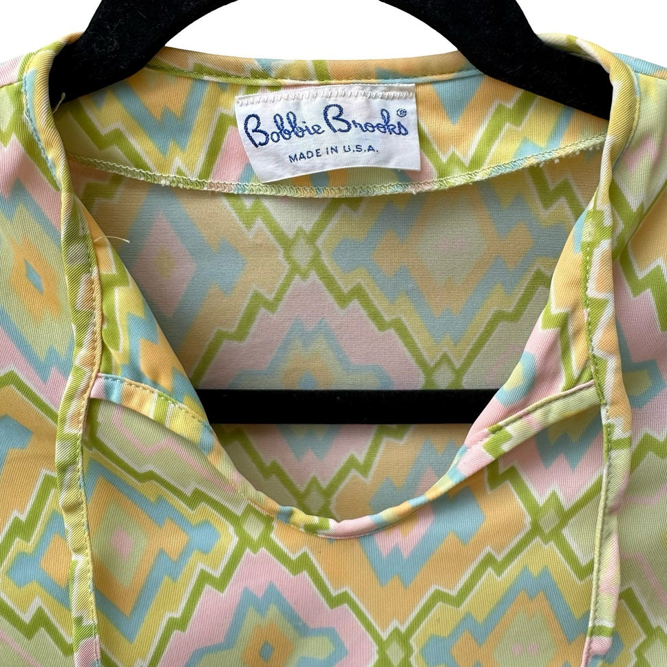 Bobbie Brooks Vintage 70s Pastel Psychedelic Geometric Groovy Tie Neck Blouse