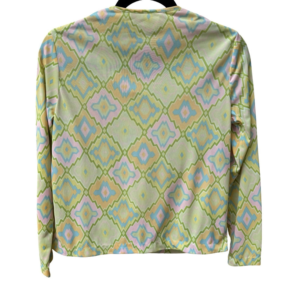 Bobbie Brooks Vintage 70s Pastel Psychedelic Geometric Groovy Tie Neck Blouse