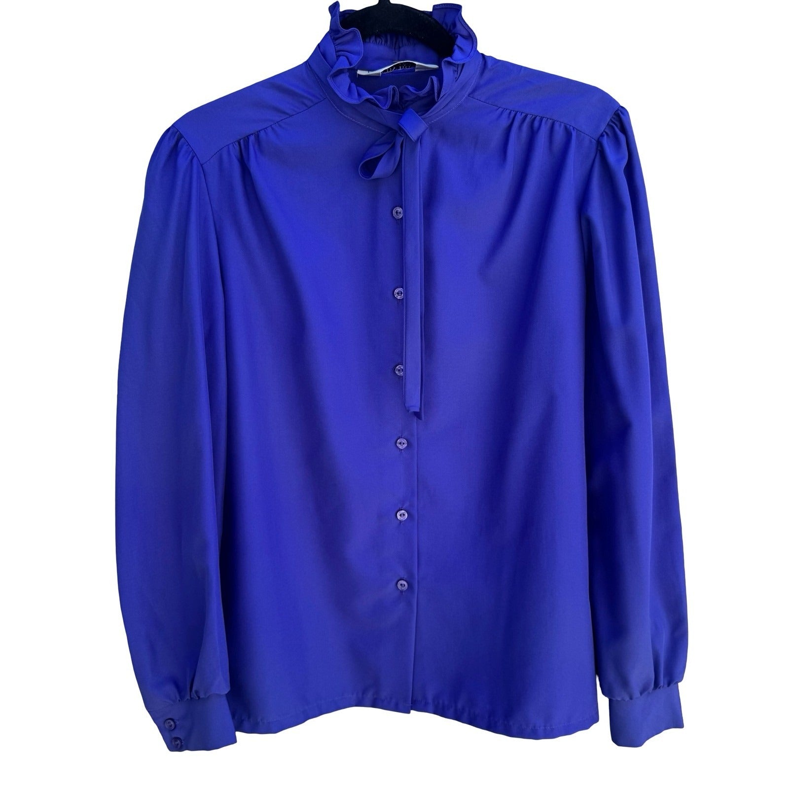 Judy Bond Vintage 80s Ruffle Neck Tie Blouse Blue Secretary Librarian Preppy 12
