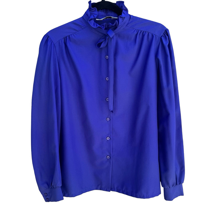 Judy Bond Vintage 80s Ruffle Neck Tie Blouse Blue Secretary Librarian Preppy 12