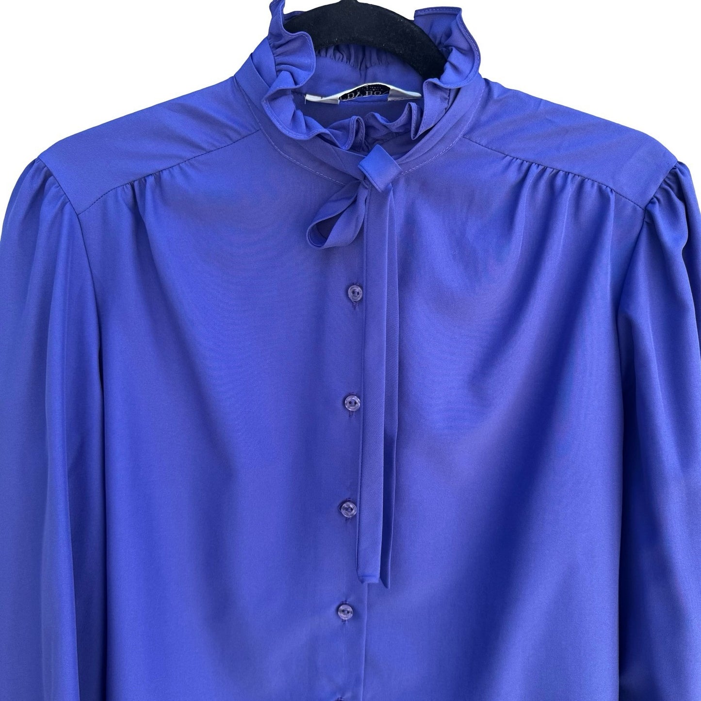 Judy Bond Vintage 80s Ruffle Neck Tie Blouse Blue Secretary Librarian Preppy 12
