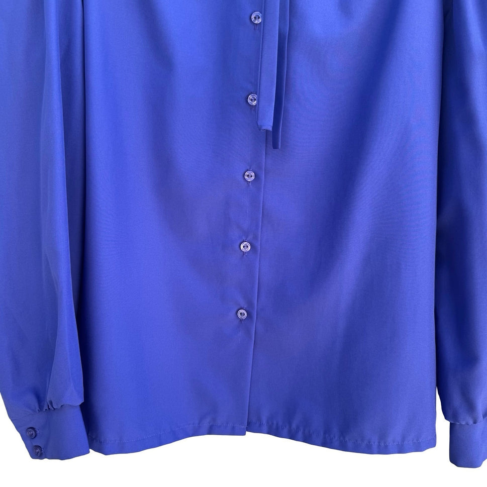 Judy Bond Vintage 80s Ruffle Neck Tie Blouse Blue Secretary Librarian Preppy 12