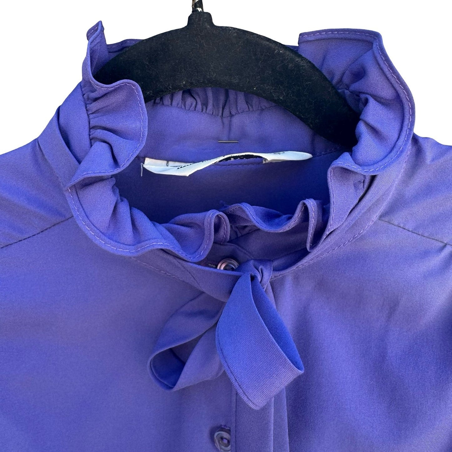 Judy Bond Vintage 80s Ruffle Neck Tie Blouse Blue Secretary Librarian Preppy 12