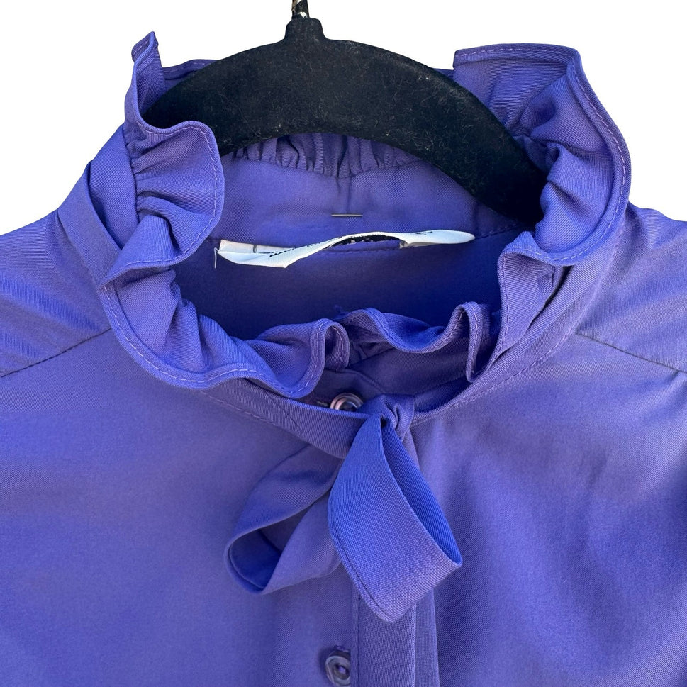 Judy Bond Vintage 80s Ruffle Neck Tie Blouse Blue Secretary Librarian Preppy 12