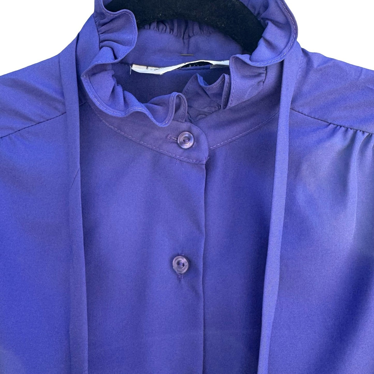 Judy Bond Vintage 80s Ruffle Neck Tie Blouse Blue Secretary Librarian Preppy 12