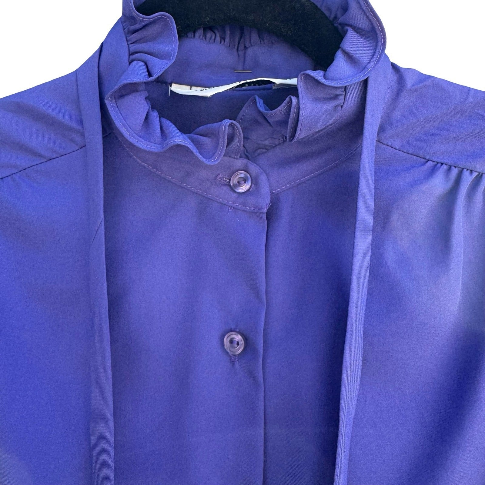 Judy Bond Vintage 80s Ruffle Neck Tie Blouse Blue Secretary Librarian Preppy 12