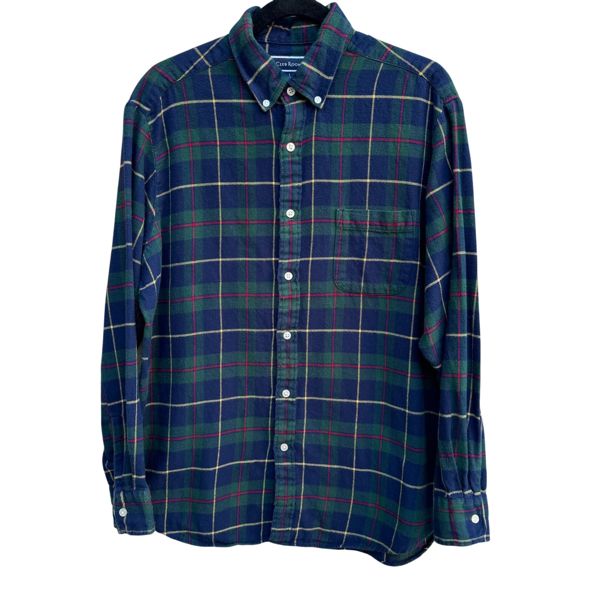 Club Room Mens Blue Green Plaid Button-Up Long Sleeve Flannel Outdoor Shirt L