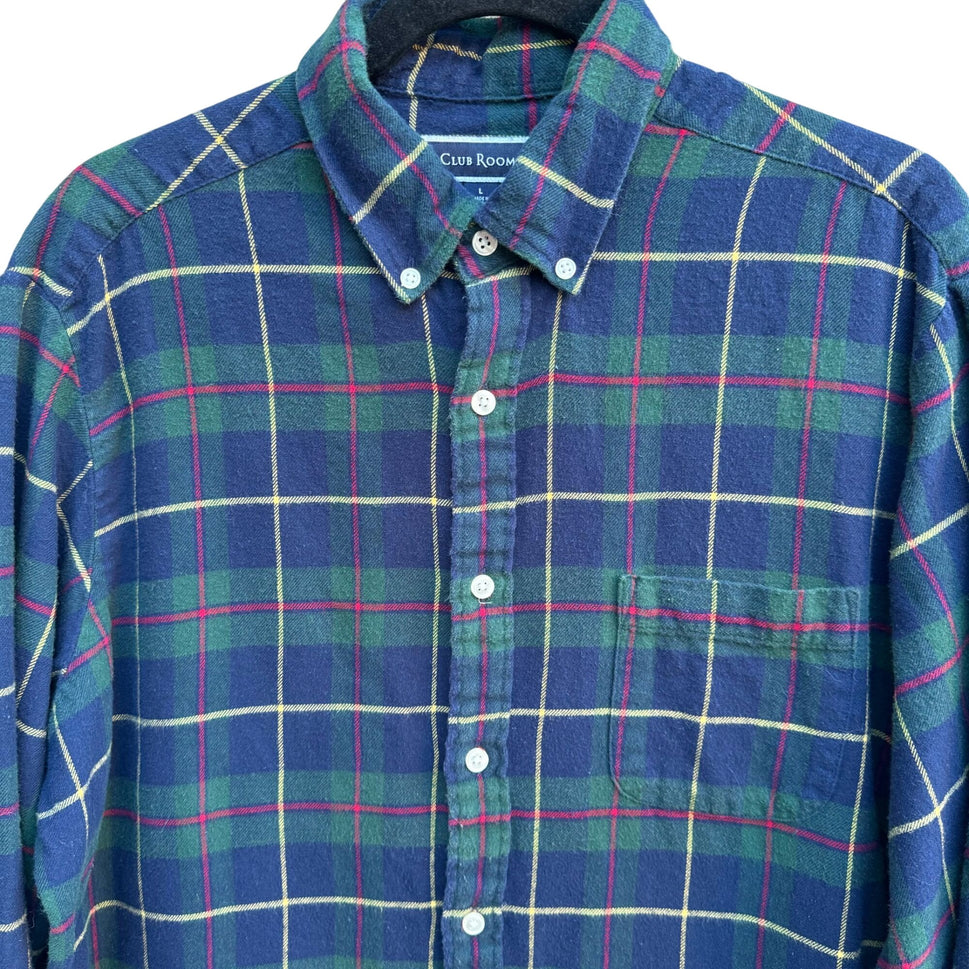 Club Room Mens Blue Green Plaid Button-Up Long Sleeve Flannel Outdoor Shirt L