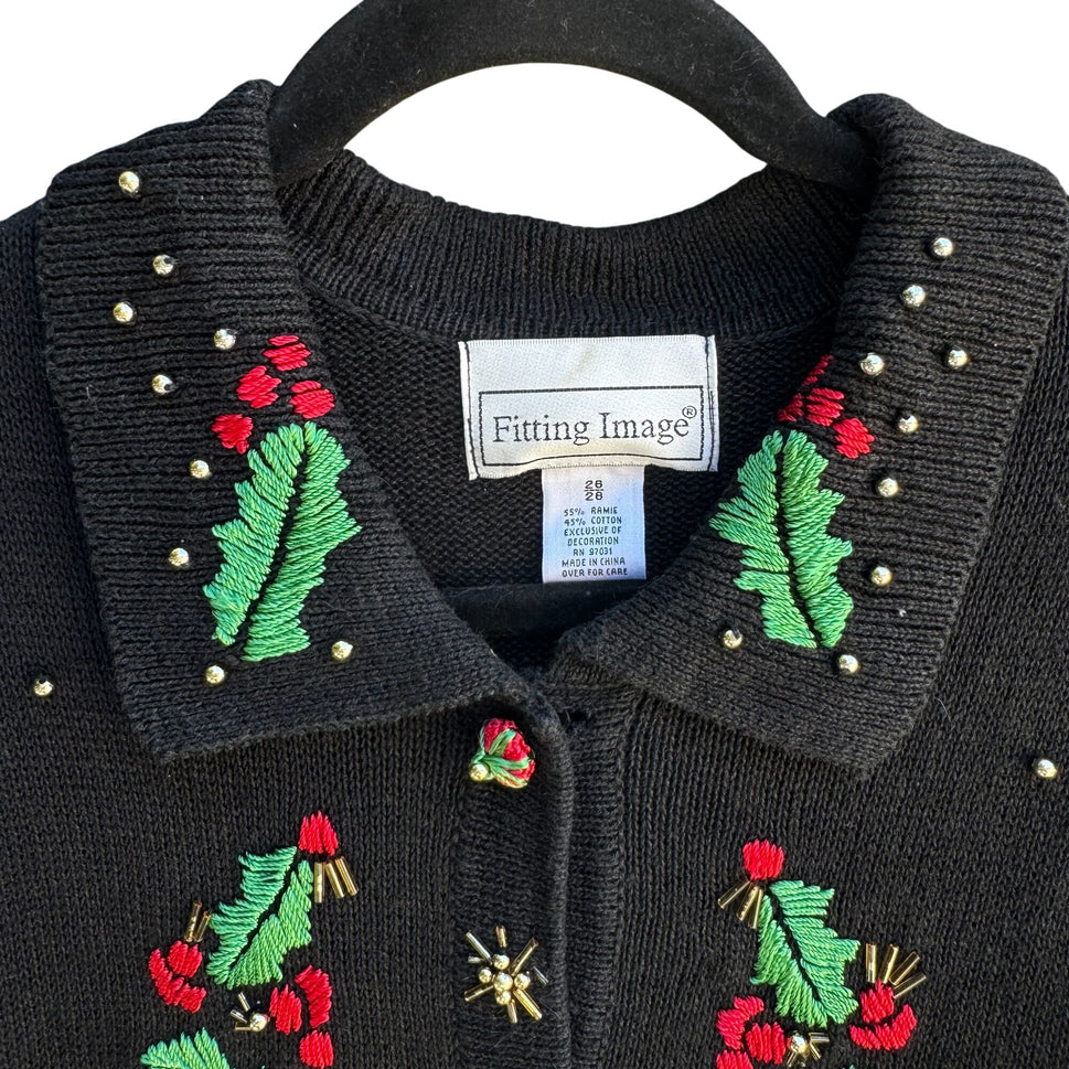 Fitting Image Vintage Womens Beaded Holiday Embroidered Knit Cardigan Sweater 2X