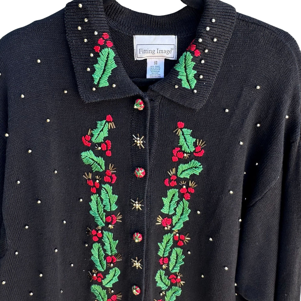 Fitting Image Vintage Womens Beaded Holiday Embroidered Knit Cardigan Sweater 2X