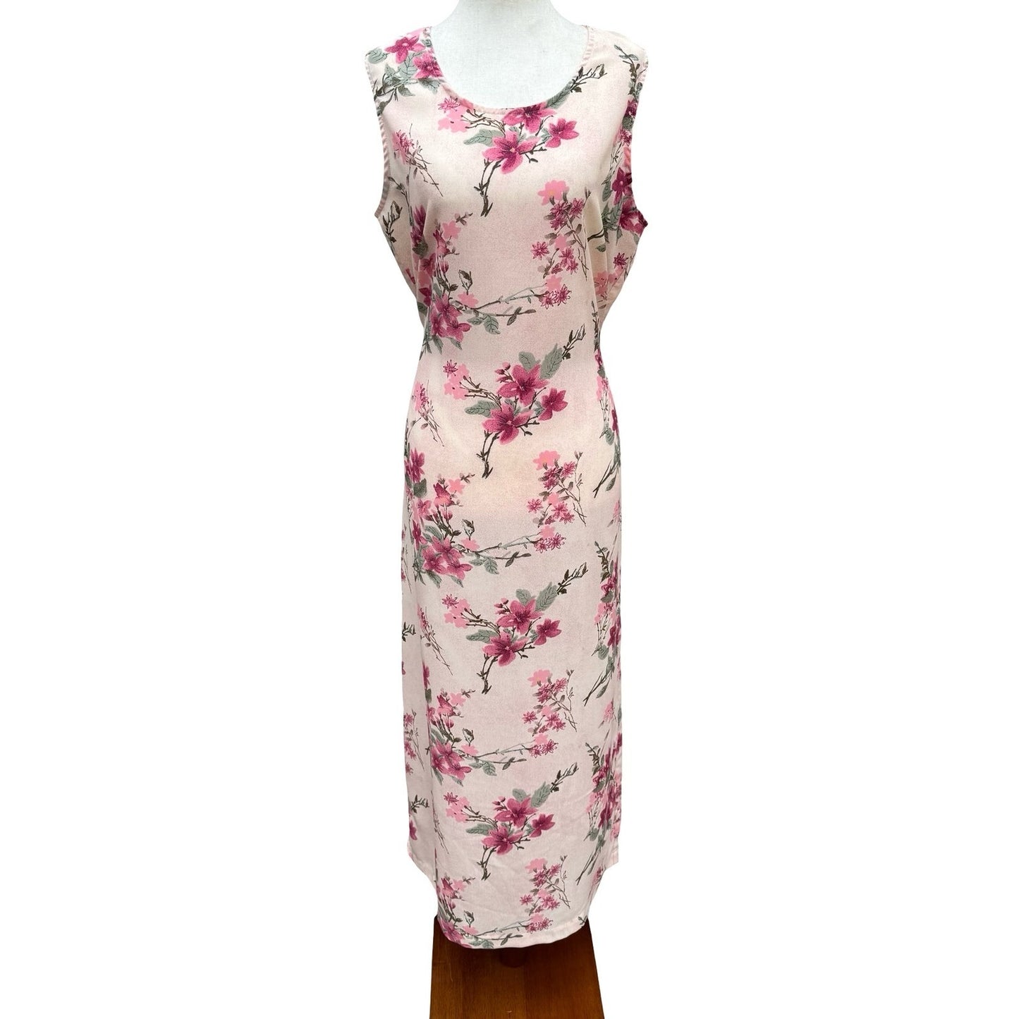 Sleeveless Floral Maxi Sheath Dress Pink Blush Cottagecore Back Button Tie Waist