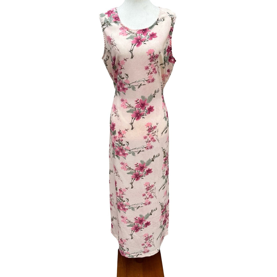 Sleeveless Floral Maxi Sheath Dress Pink Blush Cottagecore Back Button Tie Waist