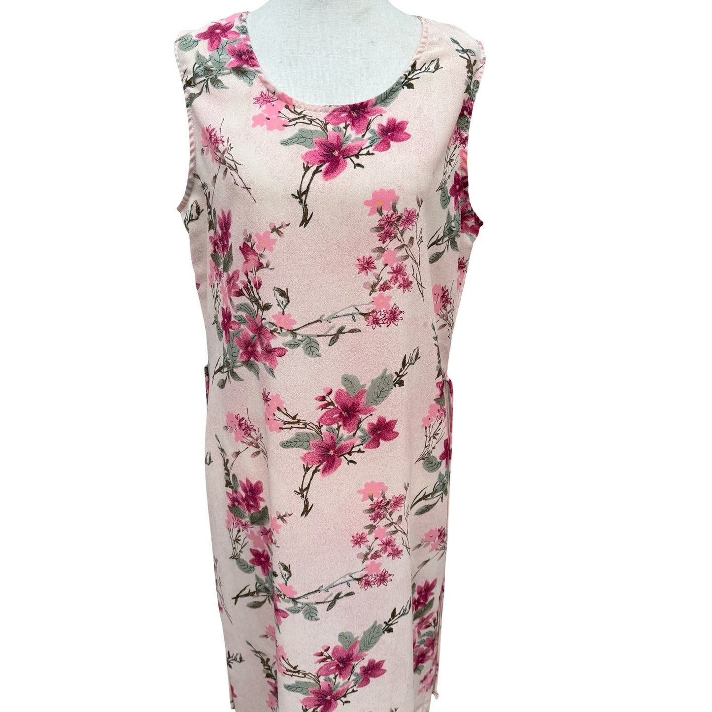 Sleeveless Floral Maxi Sheath Dress Pink Blush Cottagecore Back Button Tie Waist