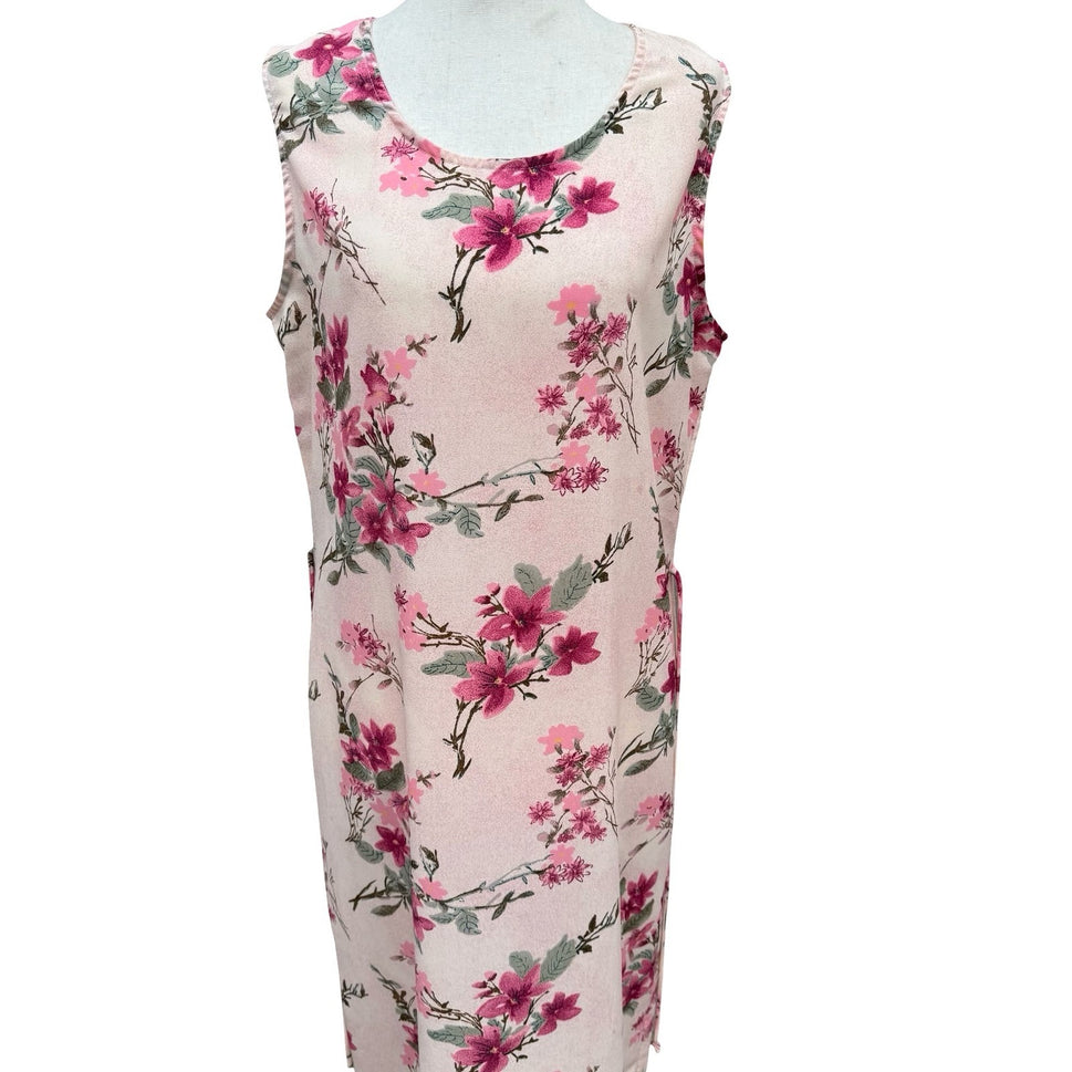 Sleeveless Floral Maxi Sheath Dress Pink Blush Cottagecore Back Button Tie Waist