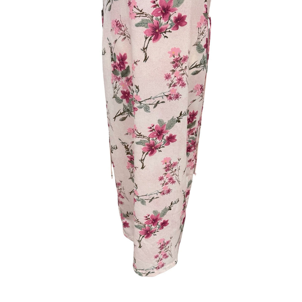 Sleeveless Floral Maxi Sheath Dress Pink Blush Cottagecore Back Button Tie Waist