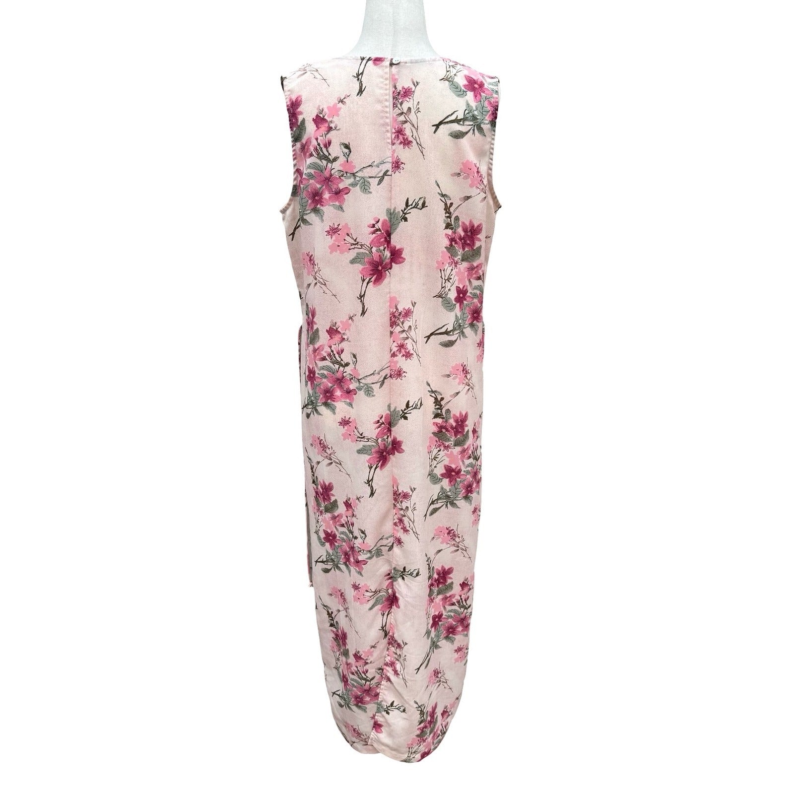 Sleeveless Floral Maxi Sheath Dress Pink Blush Cottagecore Back Button Tie Waist