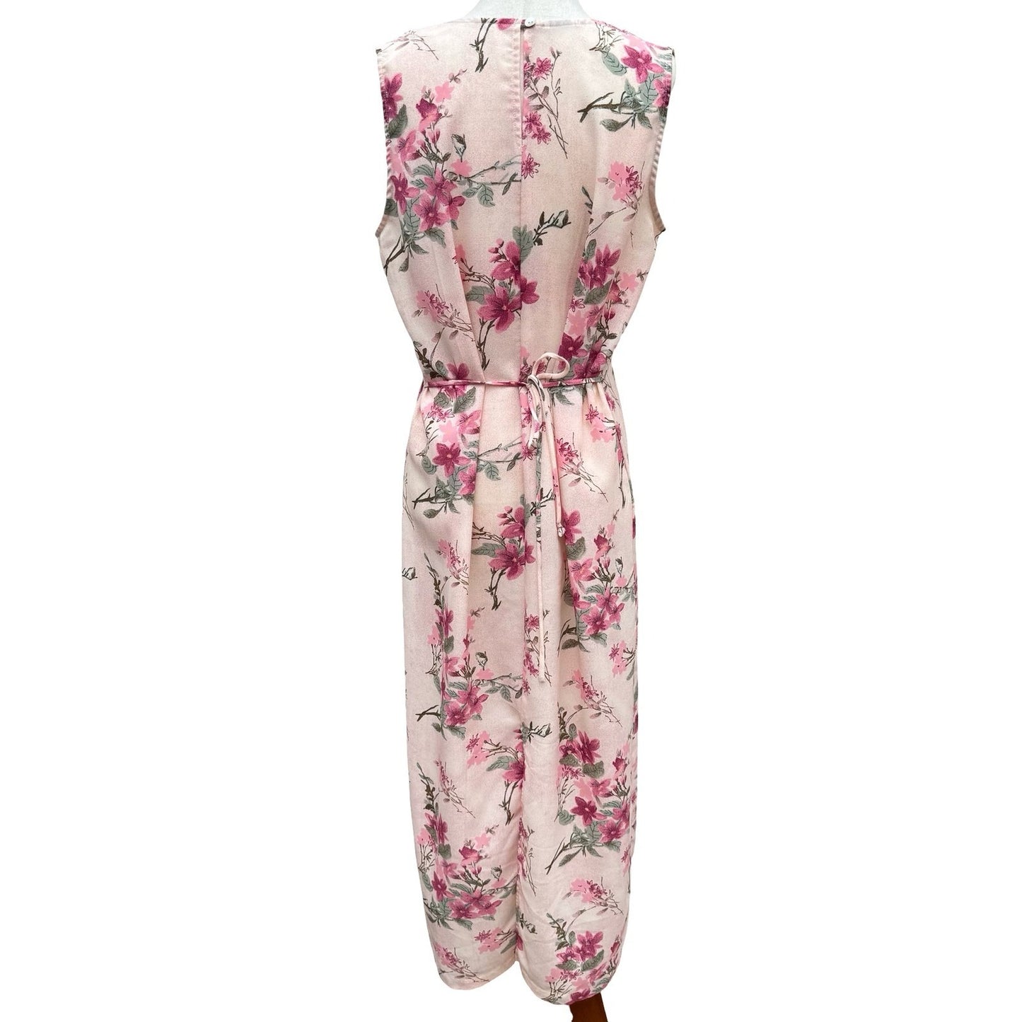 Sleeveless Floral Maxi Sheath Dress Pink Blush Cottagecore Back Button Tie Waist