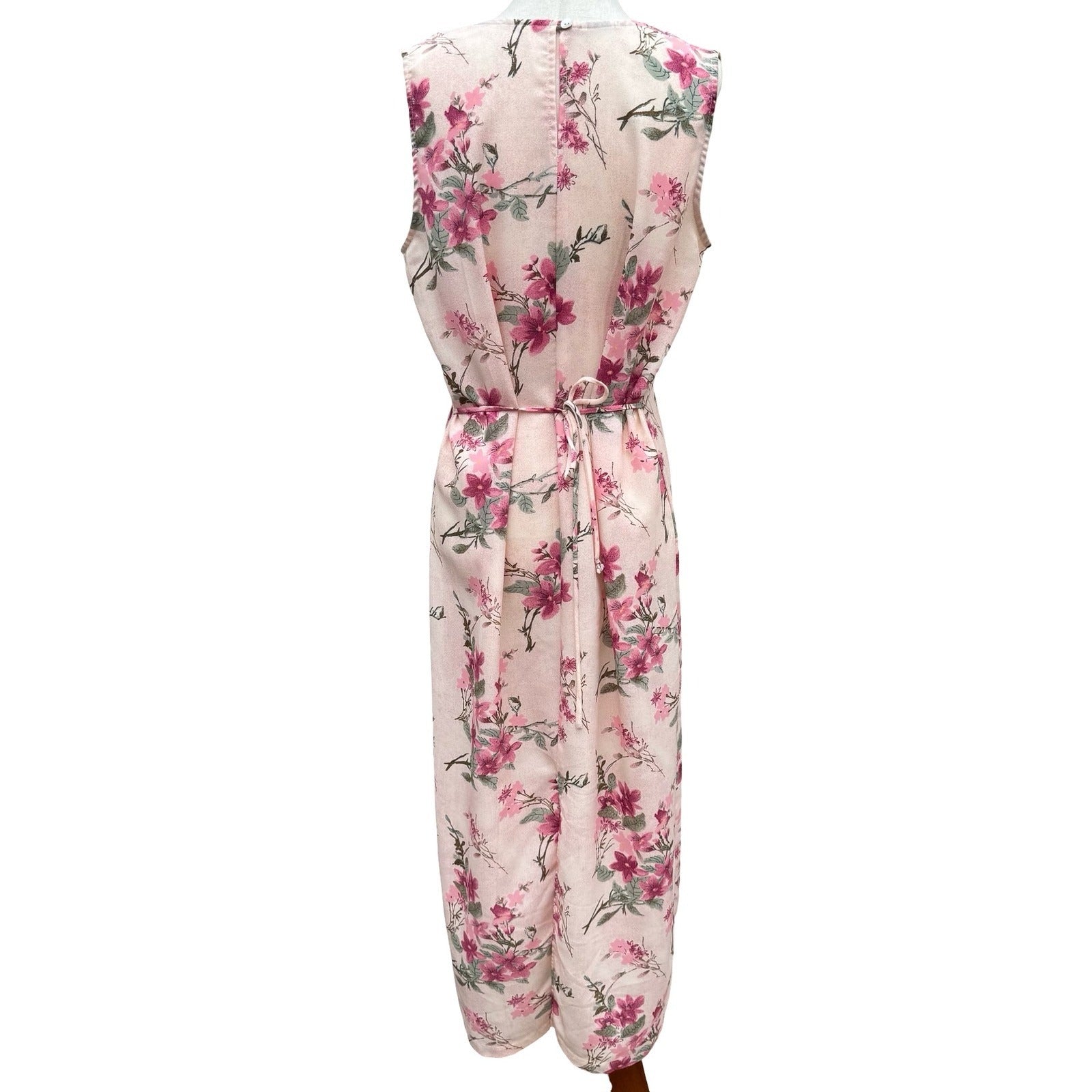 Sleeveless Floral Maxi Sheath Dress Pink Blush Cottagecore Back Button Tie Waist