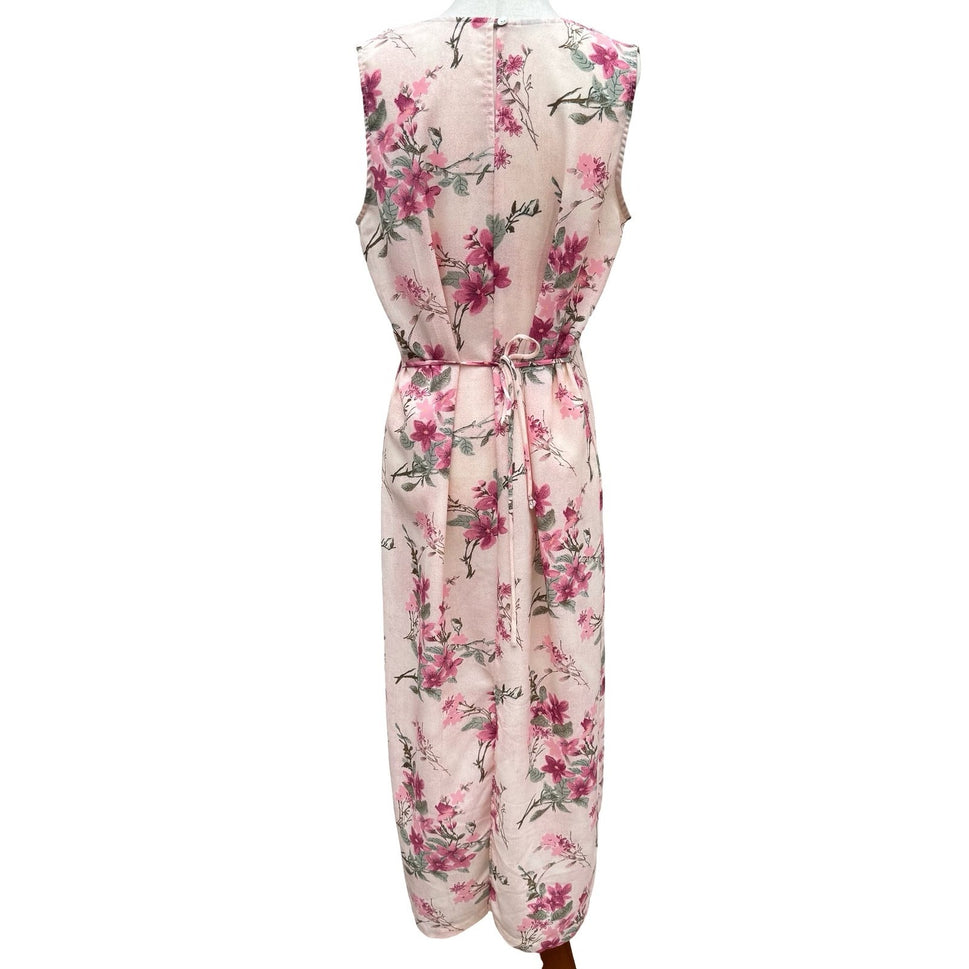 Sleeveless Floral Maxi Sheath Dress Pink Blush Cottagecore Back Button Tie Waist
