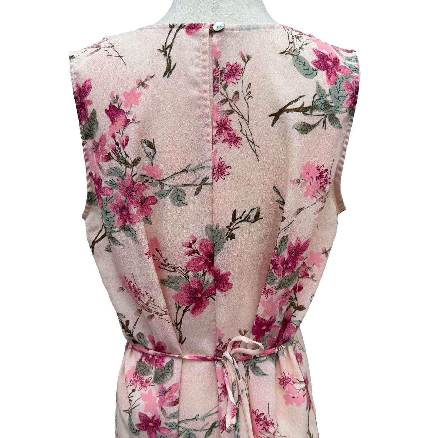 Sleeveless Floral Maxi Sheath Dress Pink Blush Cottagecore Back Button Tie Waist