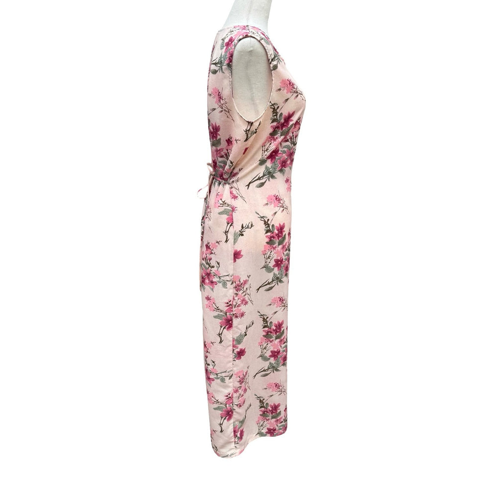 Sleeveless Floral Maxi Sheath Dress Pink Blush Cottagecore Back Button Tie Waist