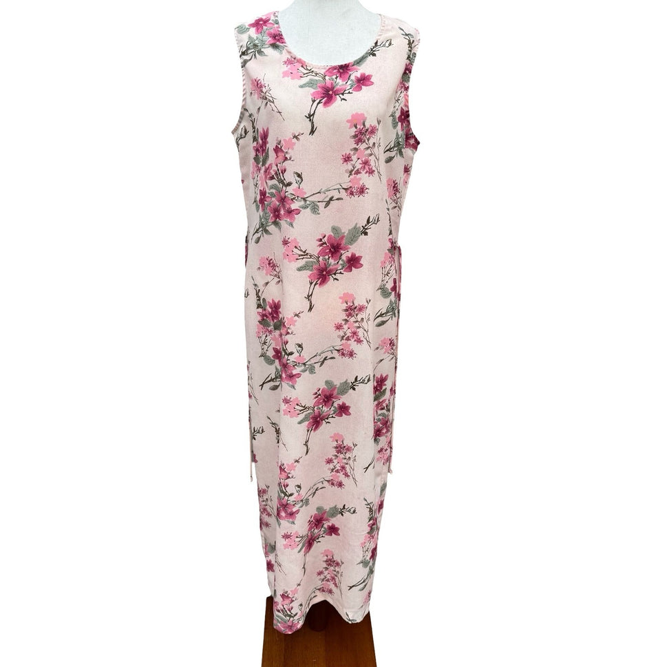 Sleeveless Floral Maxi Sheath Dress Pink Blush Cottagecore Back Button Tie Waist