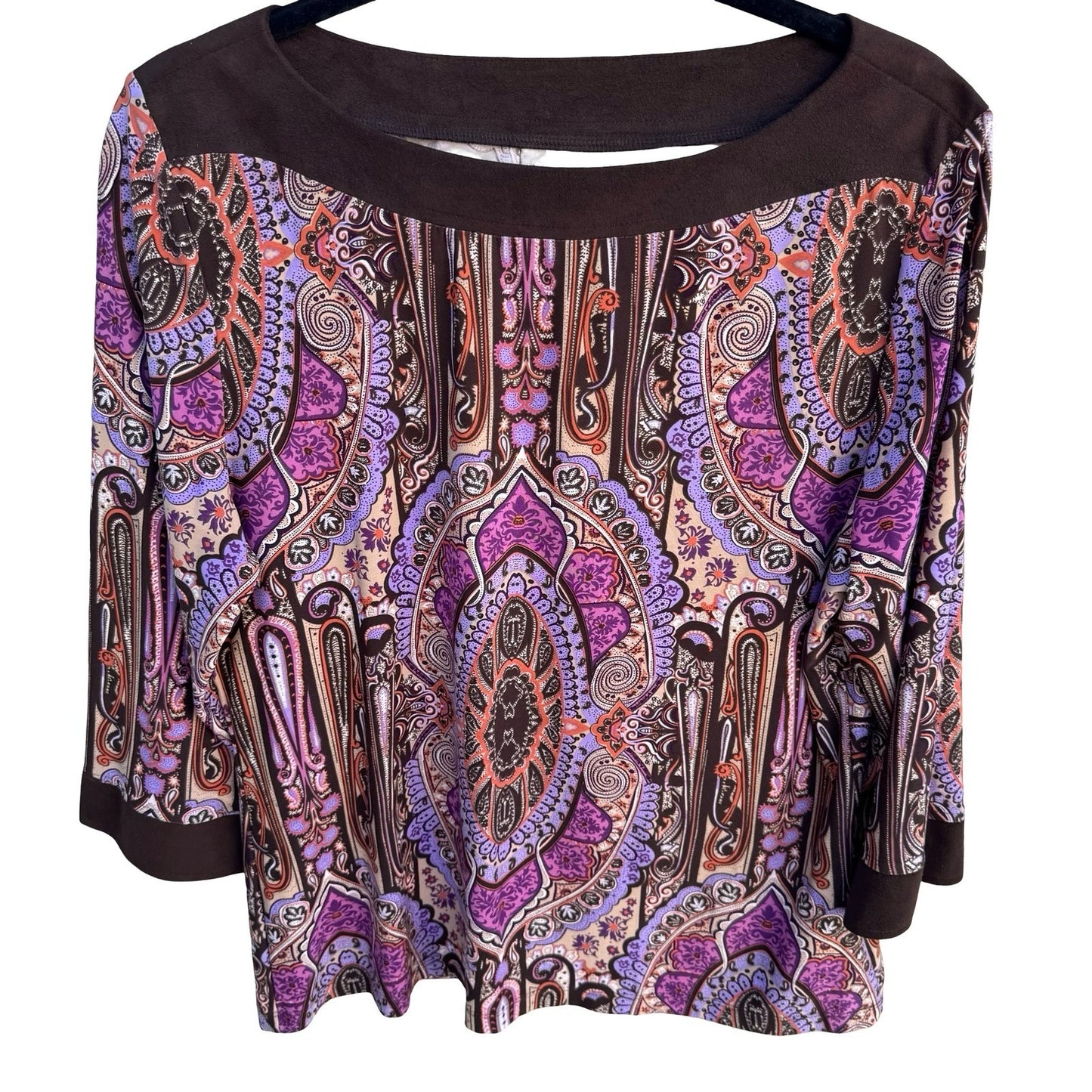 Style & Co Paisley Medallion Boat Neck Top Purple Brown Faux Suede 3/4 Sleeve