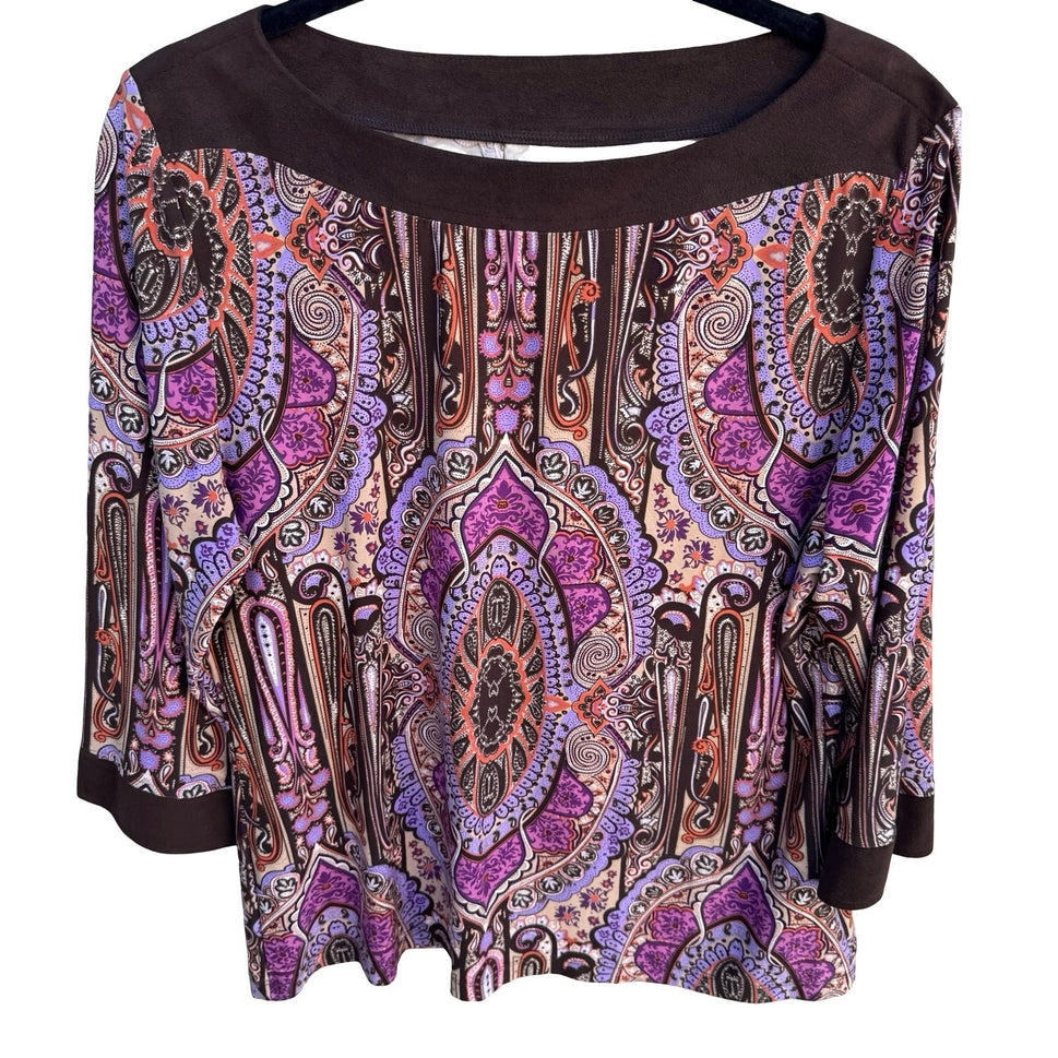 Style & Co Paisley Medallion Boat Neck Top Purple Brown Faux Suede 3/4 Sleeve