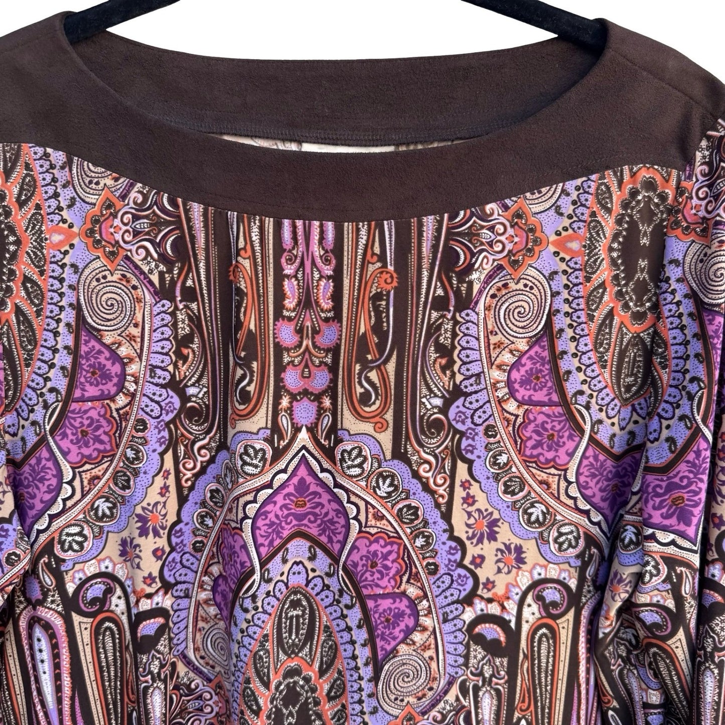 Style & Co Paisley Medallion Boat Neck Top Purple Brown Faux Suede 3/4 Sleeve
