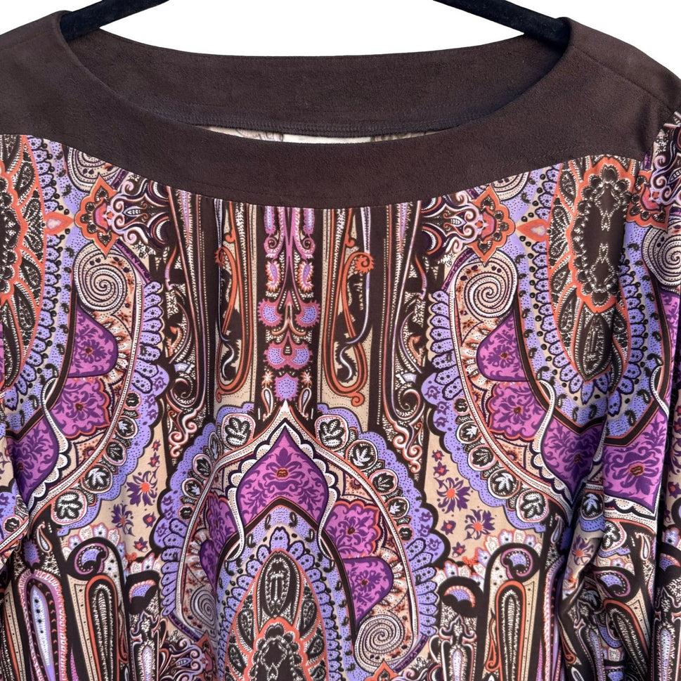 Style & Co Paisley Medallion Boat Neck Top Purple Brown Faux Suede 3/4 Sleeve