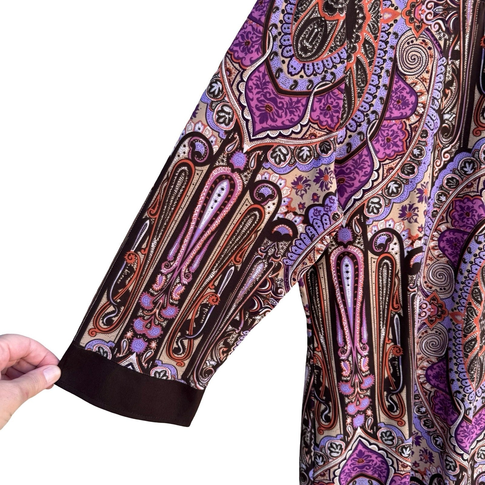 Style & Co Paisley Medallion Boat Neck Top Purple Brown Faux Suede 3/4 Sleeve