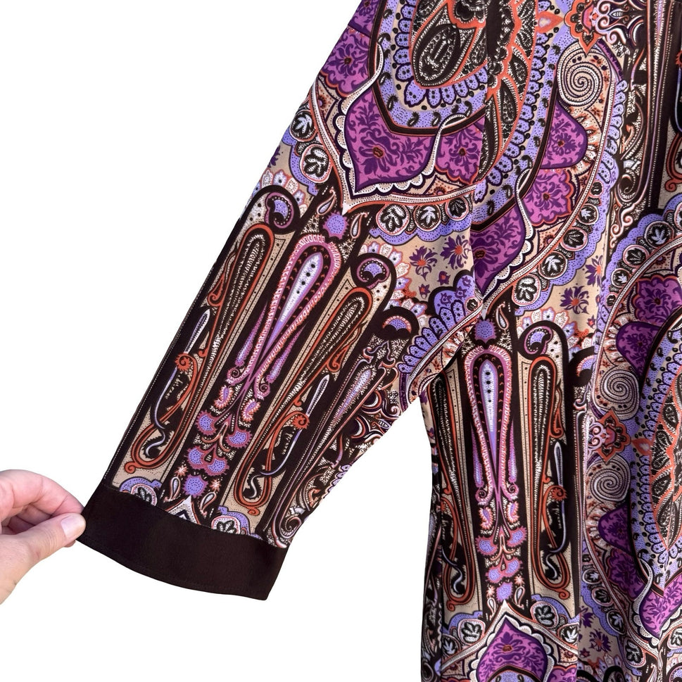 Style & Co Paisley Medallion Boat Neck Top Purple Brown Faux Suede 3/4 Sleeve