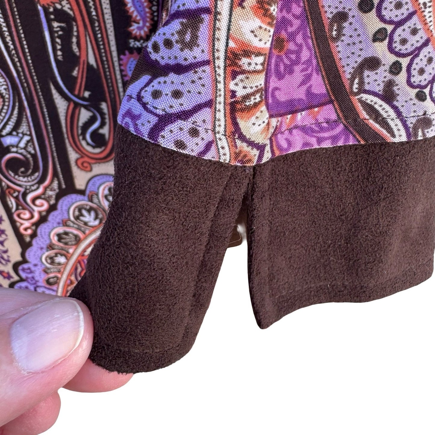 Style & Co Paisley Medallion Boat Neck Top Purple Brown Faux Suede 3/4 Sleeve