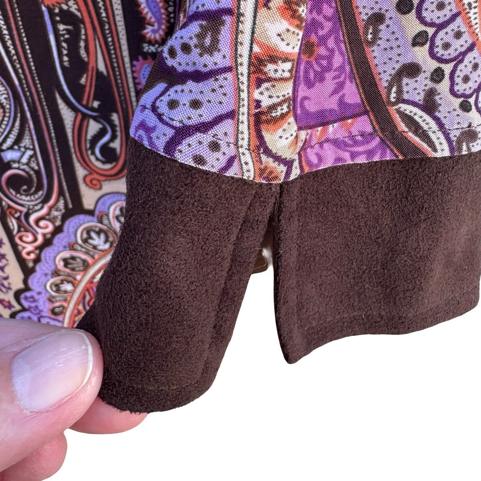 Style & Co Paisley Medallion Boat Neck Top Purple Brown Faux Suede 3/4 Sleeve