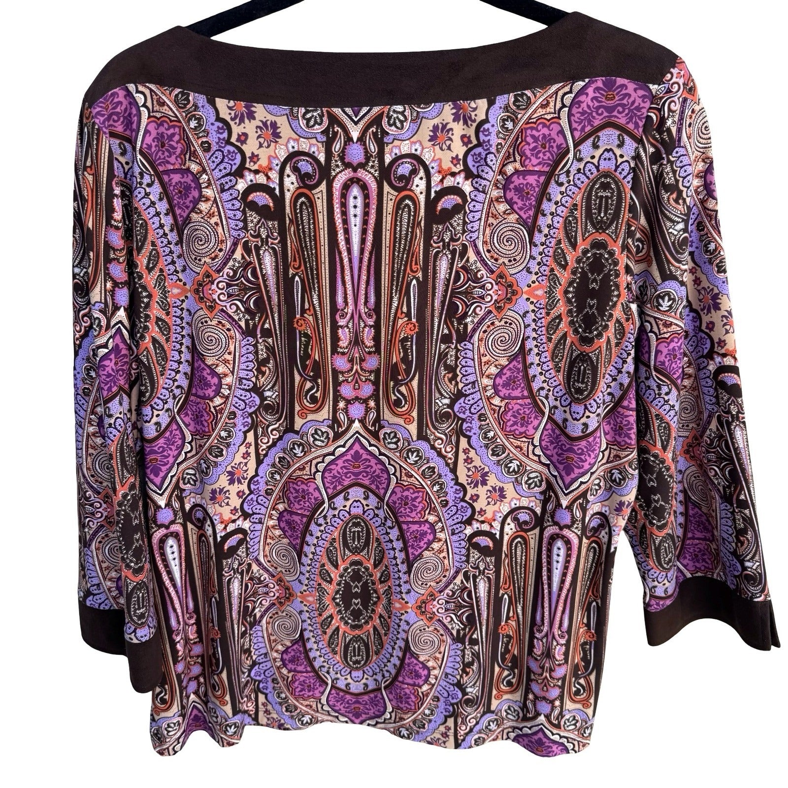Style & Co Paisley Medallion Boat Neck Top Purple Brown Faux Suede 3/4 Sleeve