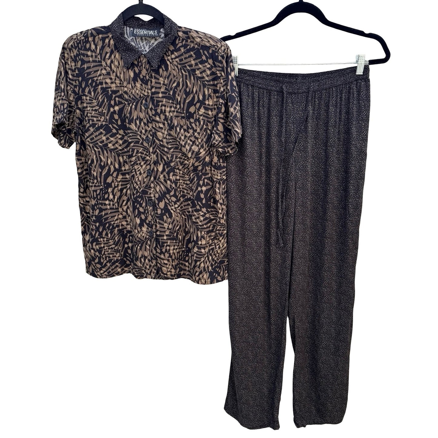 Norton Essentials Vintage 2 Piece Set Rayon Palm Print Shirt & Pants Brown Med