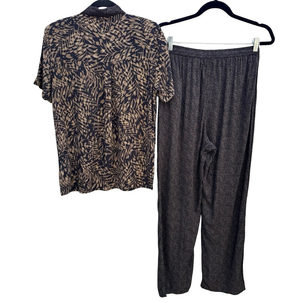 Norton Essentials Vintage 2 Piece Set Rayon Palm Print Shirt & Pants Brown Med