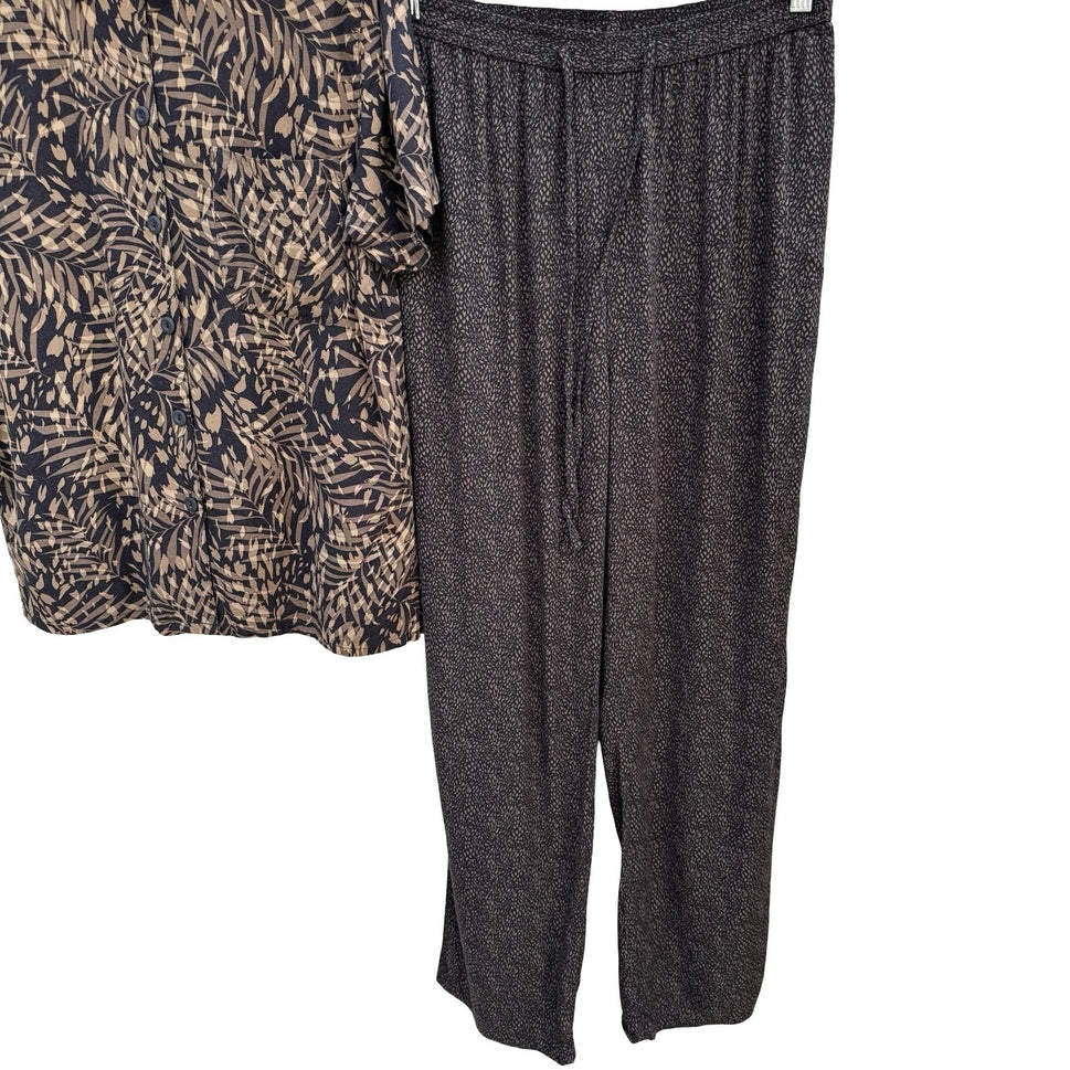 Norton Essentials Vintage 2 Piece Set Rayon Palm Print Shirt & Pants Brown Med