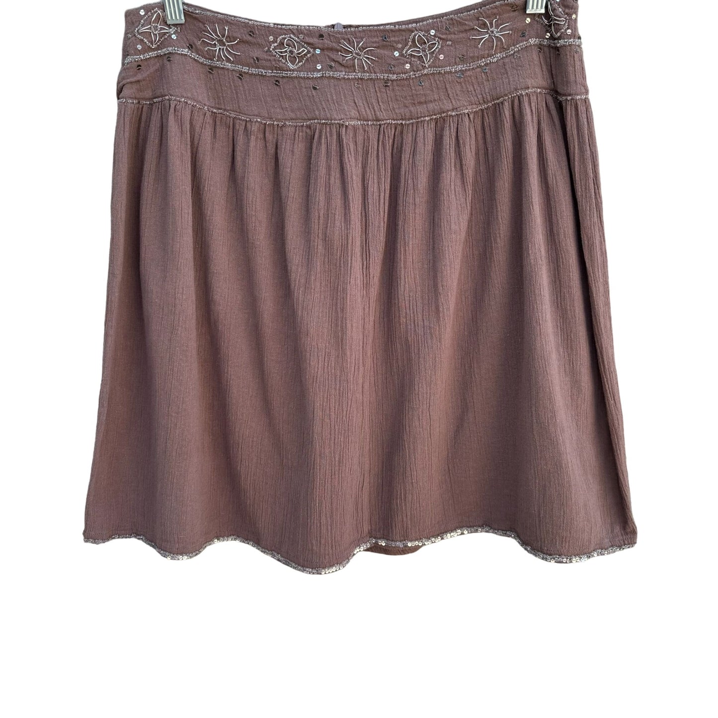 Bohemian Style Brown Embroidered Sequin Crinkled Cotton Drop Waist Mini Skirt