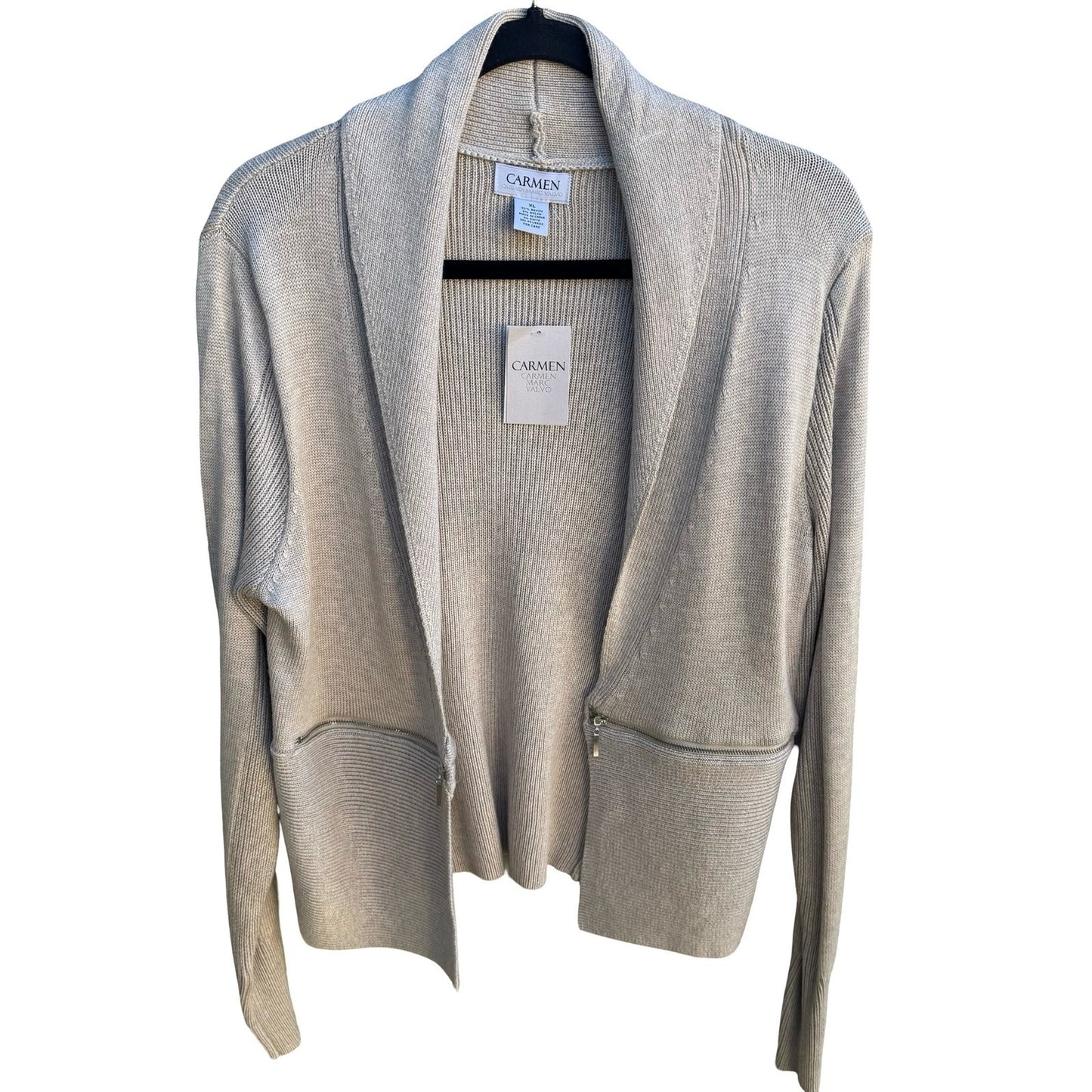Carmen Marc Valvo Minimalist Quiet Luxury Ribbed Zip Detail Cardigan Tan XL NEW