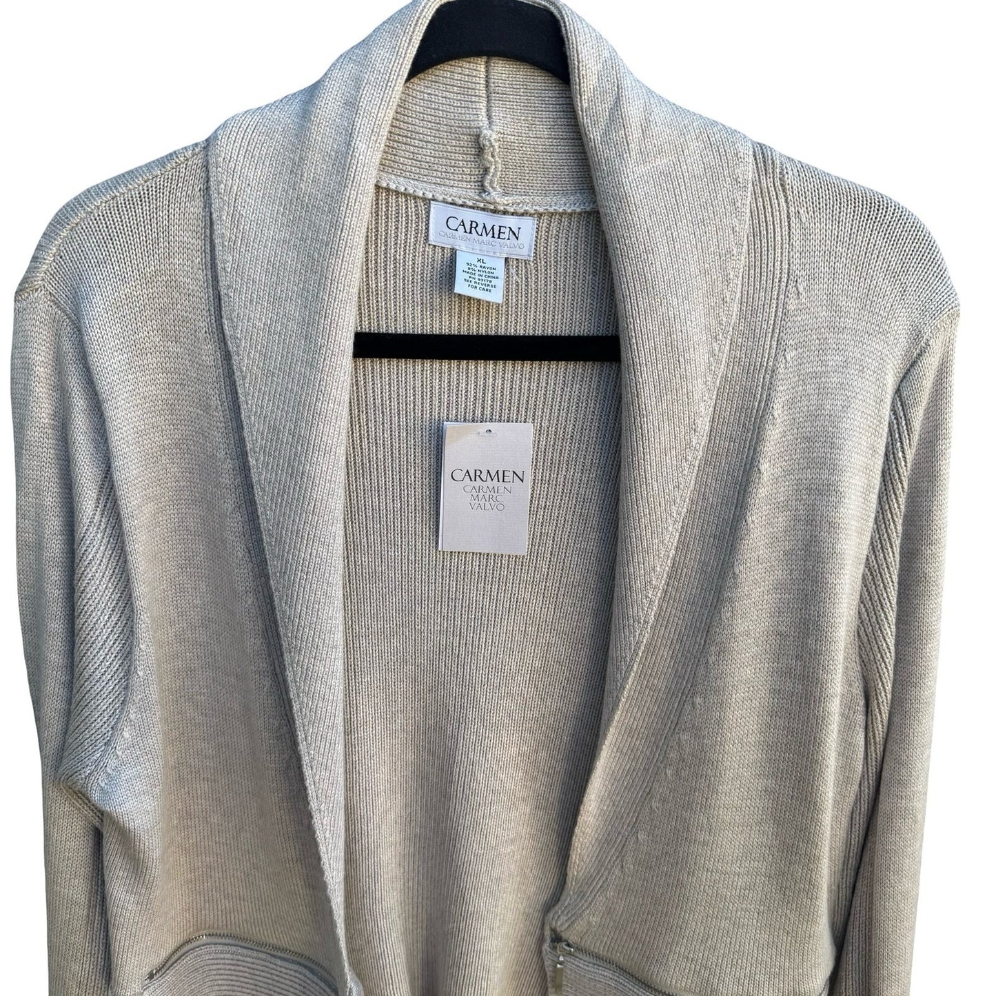 Carmen Marc Valvo Minimalist Quiet Luxury Ribbed Zip Detail Cardigan Tan XL NEW
