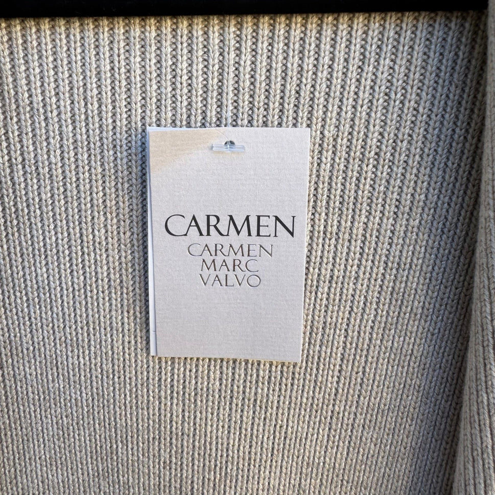 Carmen Marc Valvo Minimalist Quiet Luxury Ribbed Zip Detail Cardigan Tan XL NEW