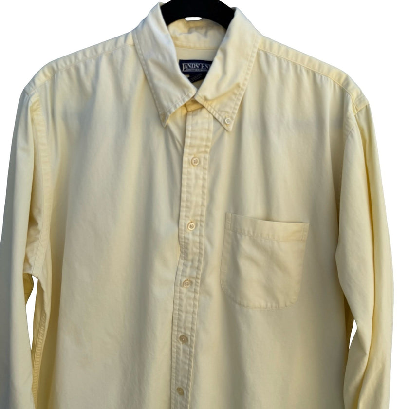 Lands End Mens Button Down Shirt 15-15.5 M Pale Yellow Cotton Twill Long Sleeve