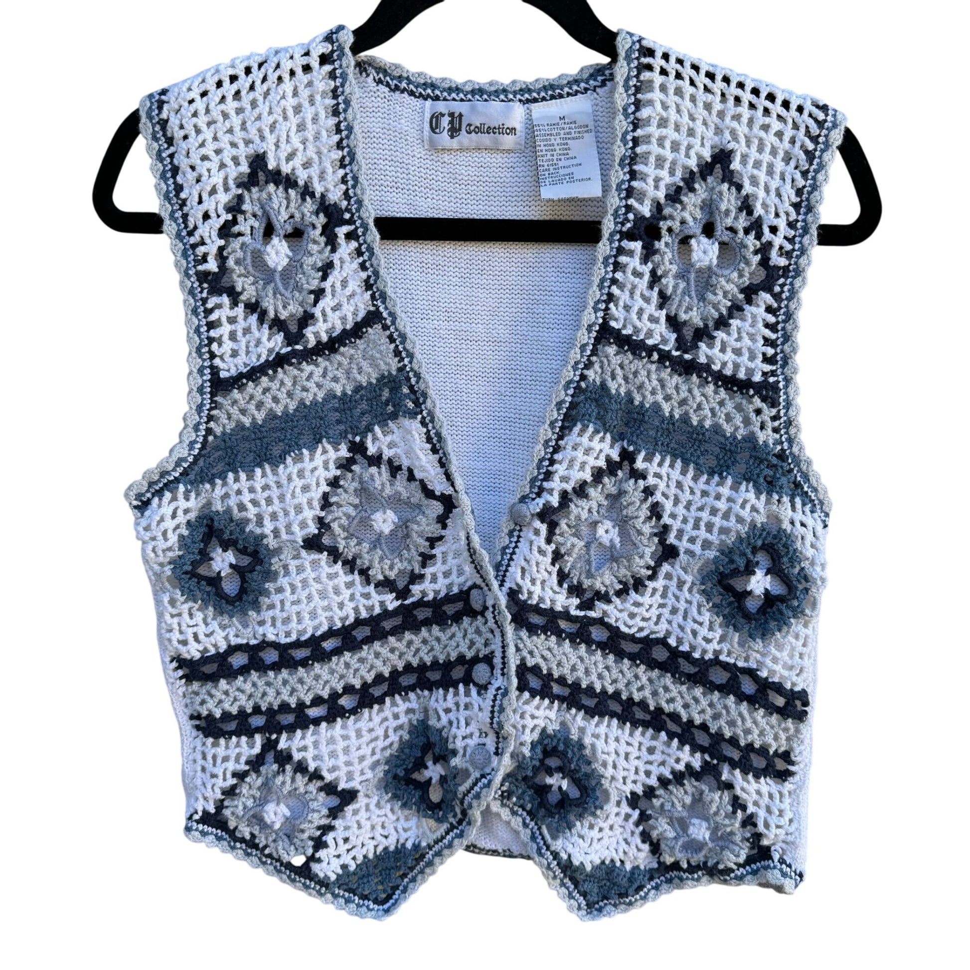 CP Collection Vintage Boho Cottage Crochet Knit White Blue Floral Pattern Vest M