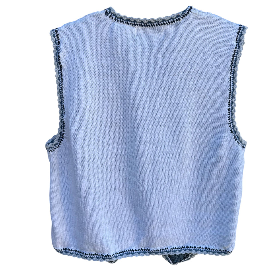 CP Collection Vintage Boho Cottage Crochet Knit White Blue Floral Pattern Vest M