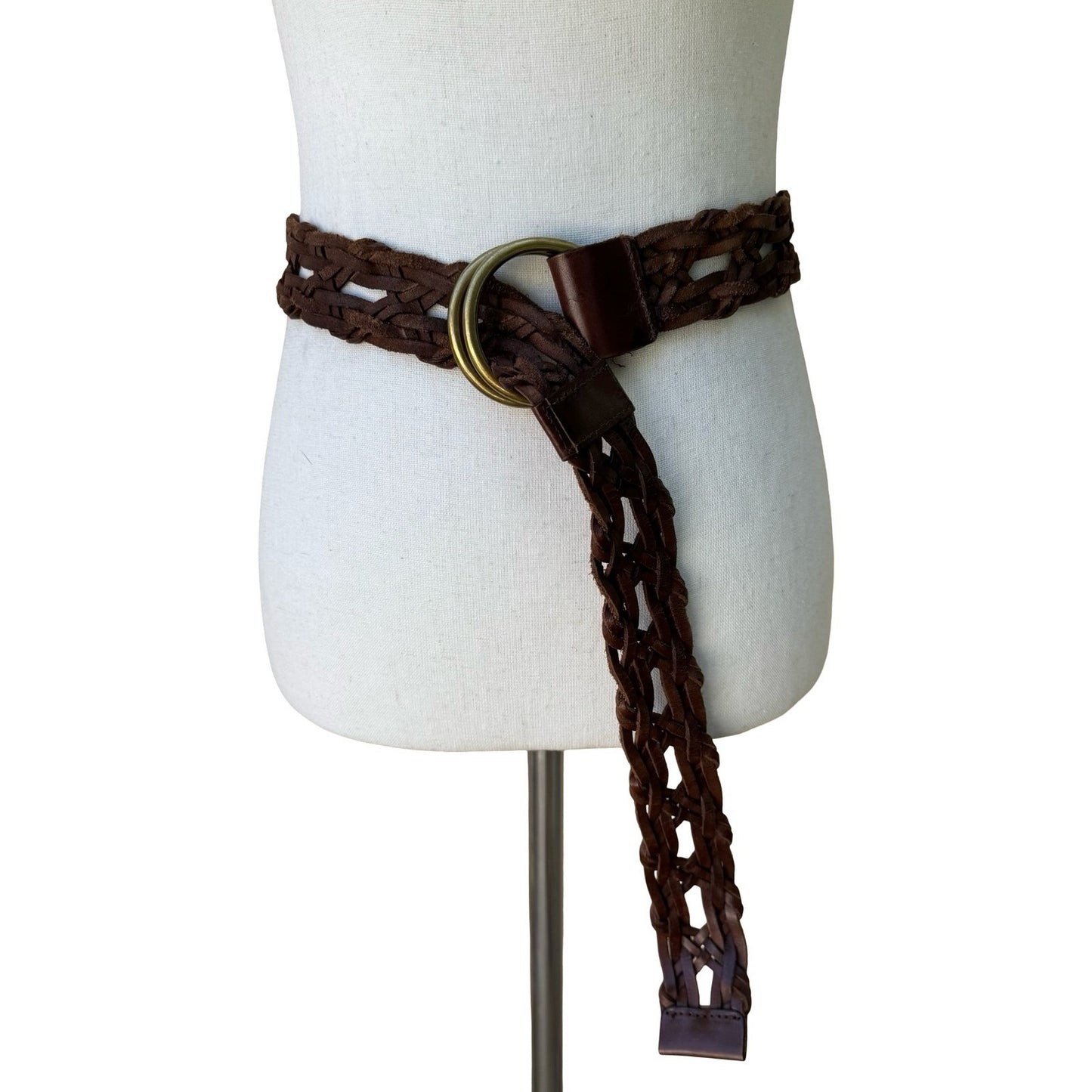 Vintage Wide Braided Leather Belt Double O-Ring Buckle Boho Western Woven Brown