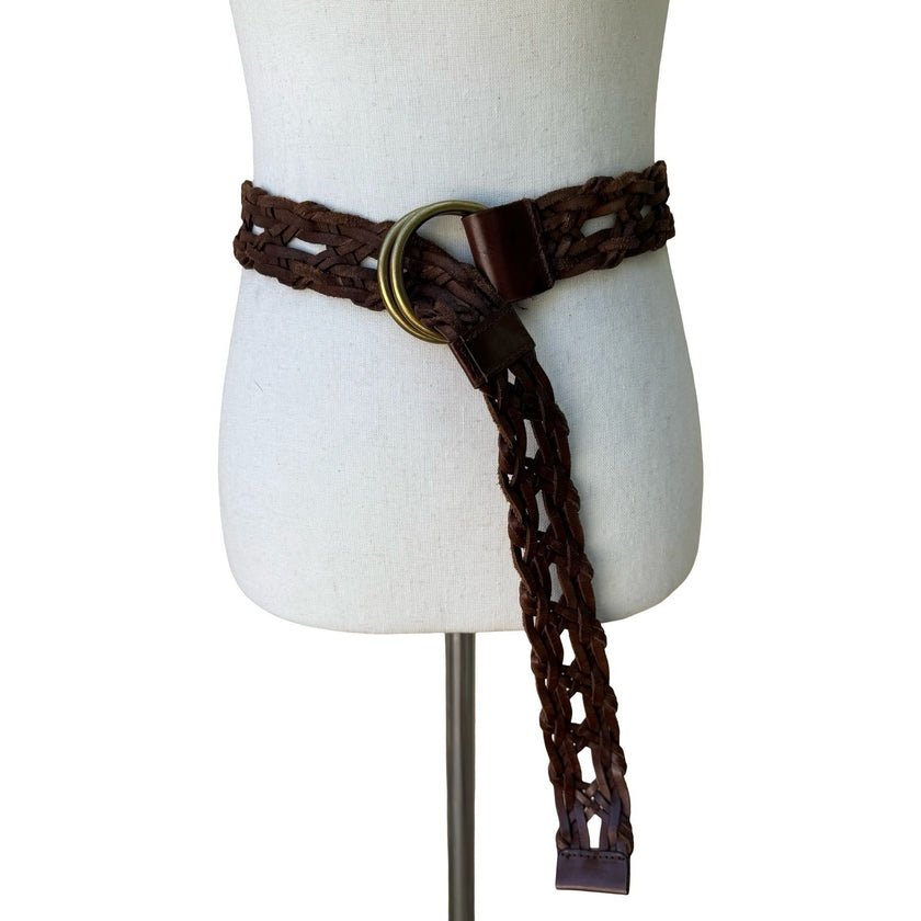 Vintage Wide Braided Leather Belt Double O-Ring Buckle Boho Western Woven Brown