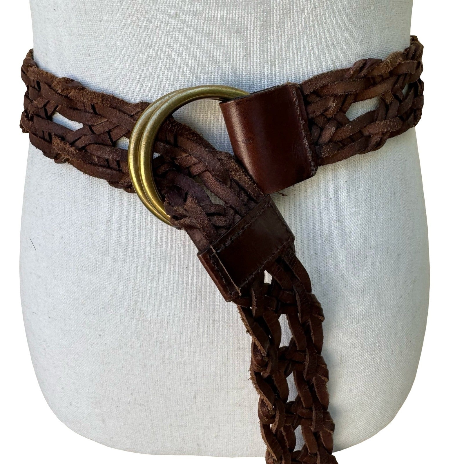 Vintage Wide Braided Leather Belt Double O-Ring Buckle Boho Western Woven Brown