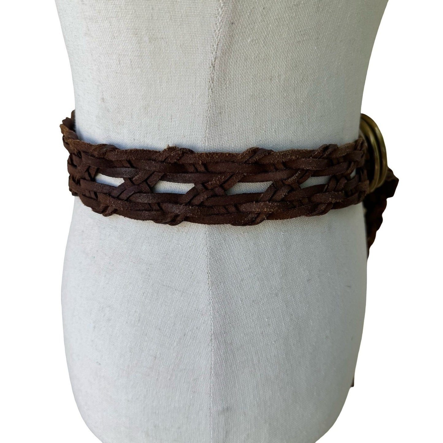 Vintage Wide Braided Leather Belt Double O-Ring Buckle Boho Western Woven Brown