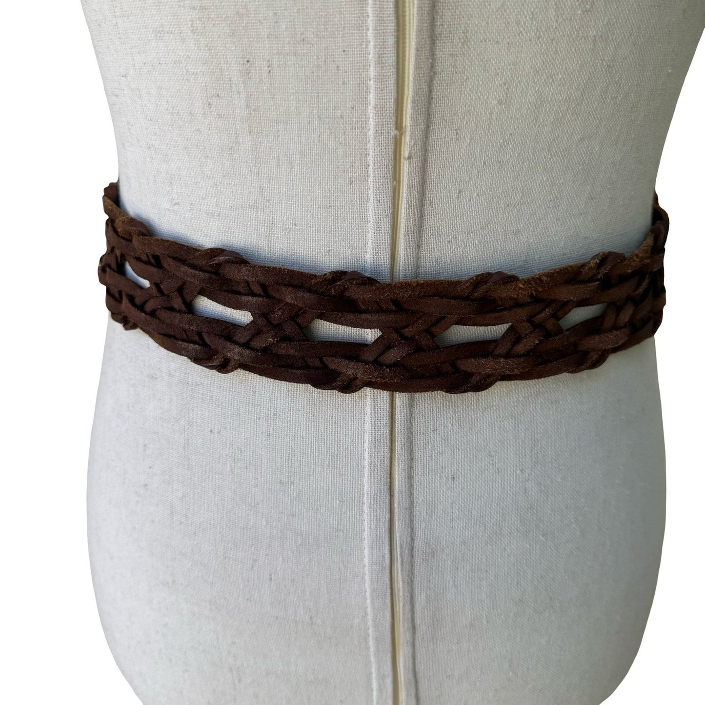 Vintage Wide Braided Leather Belt Double O-Ring Buckle Boho Western Woven Brown